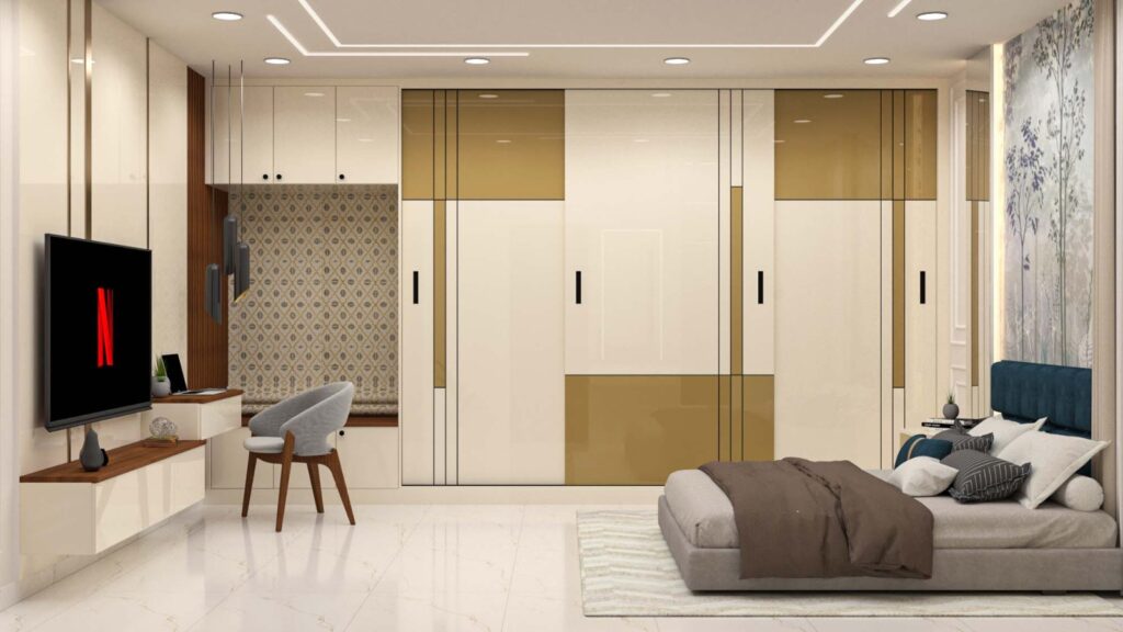 Elegant bedroom interior with cozy bed, tv unit, and wardrobe storage.