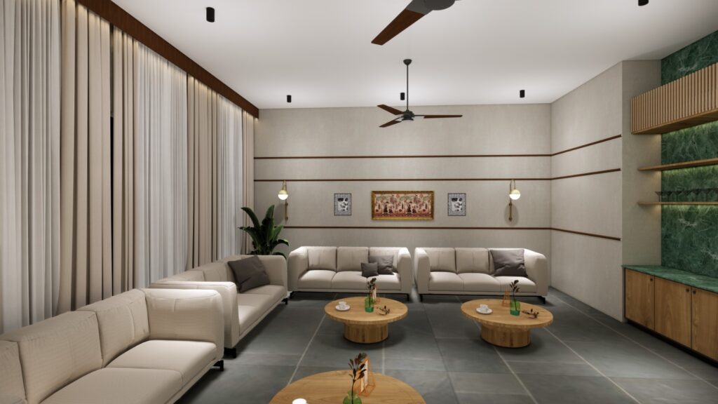 Modern living room interior with white sofas, wooden coffee tables, wall art, and minimalist decor.