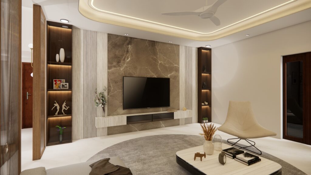 Modern living room with tv unit, marble wall, and wooden shelves.
