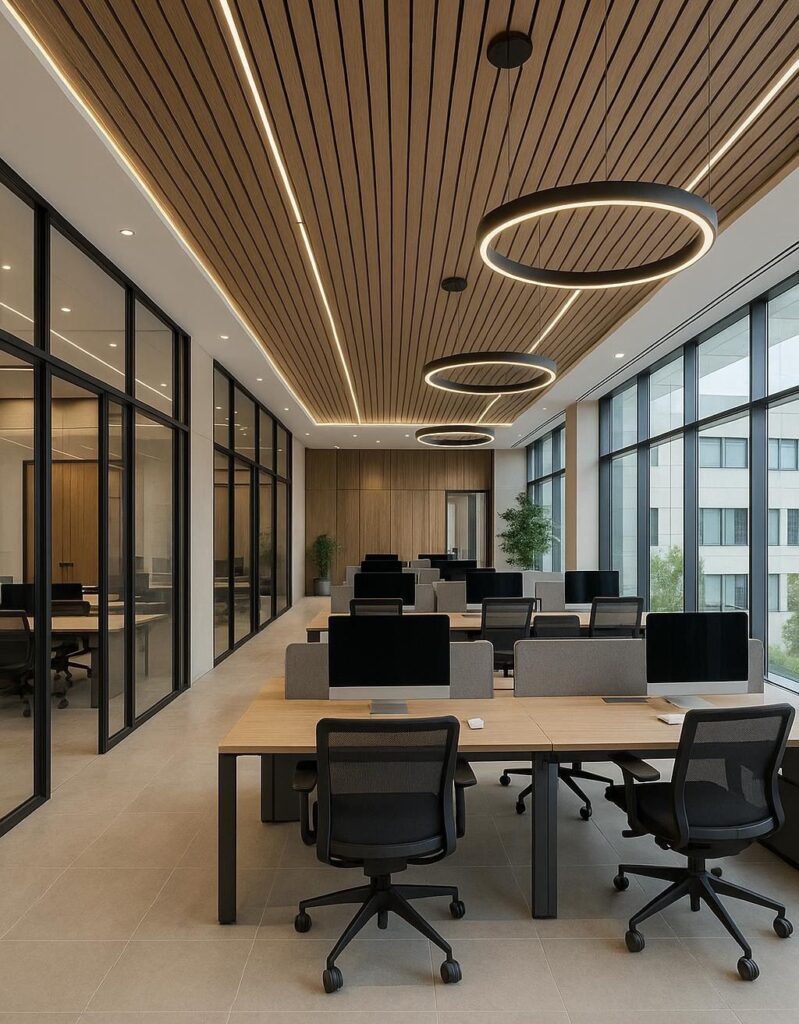 Contemporary office interior with open workspace and glass partitions.